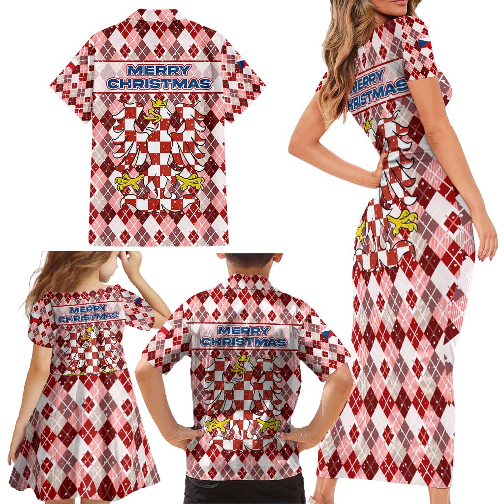 Czech Republic Christmas Family Matching Short Sleeve Bodycon Dress and Hawaiian Shirt with Red-White Checkered Design, Double-Tailed Lion, and Festive Motif - Wonder Print Shop