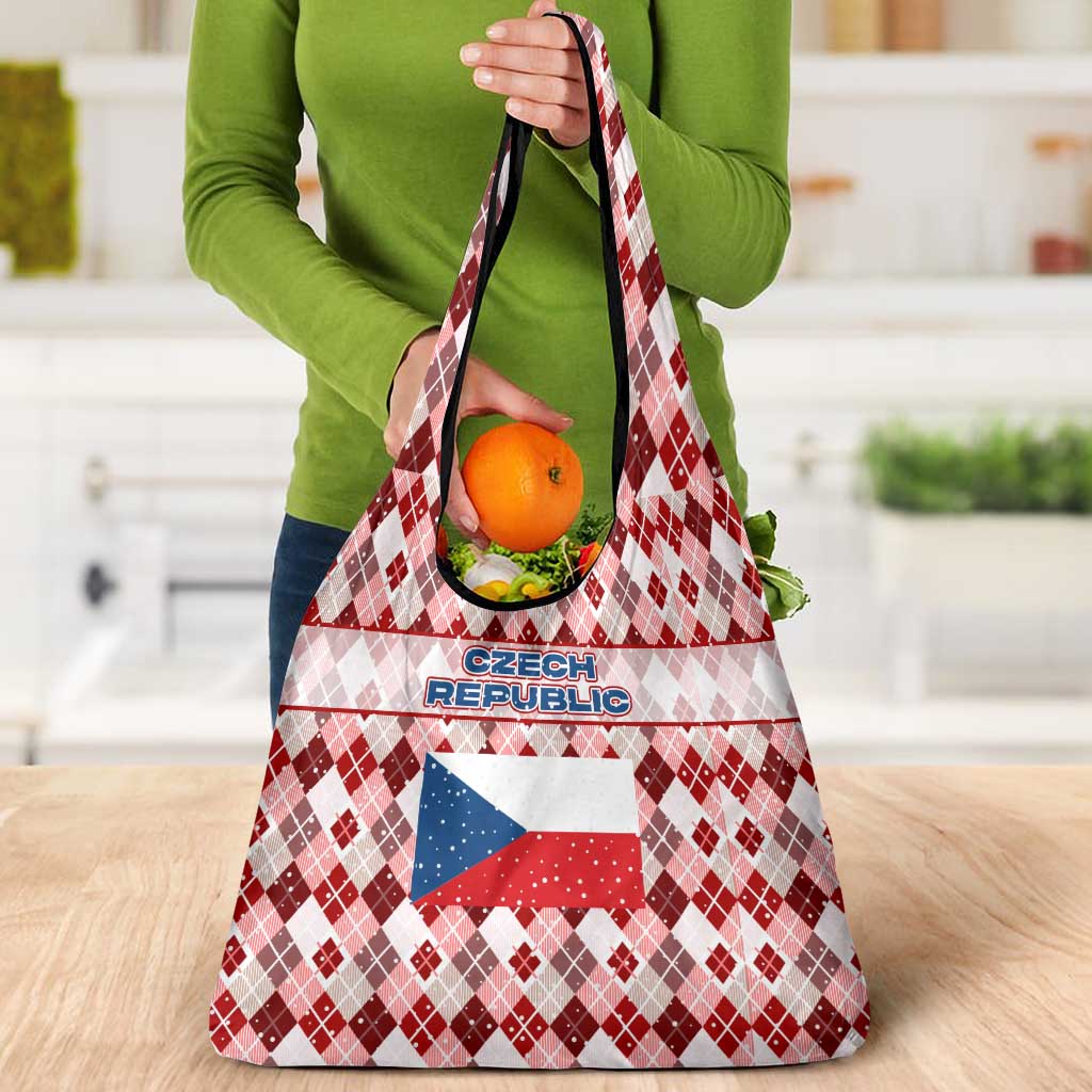Czech Republic Christmas Grocery Bag with Red-White Checkered Design, Double-Tailed Lion, and Festive Motif - Wonder Print Shop