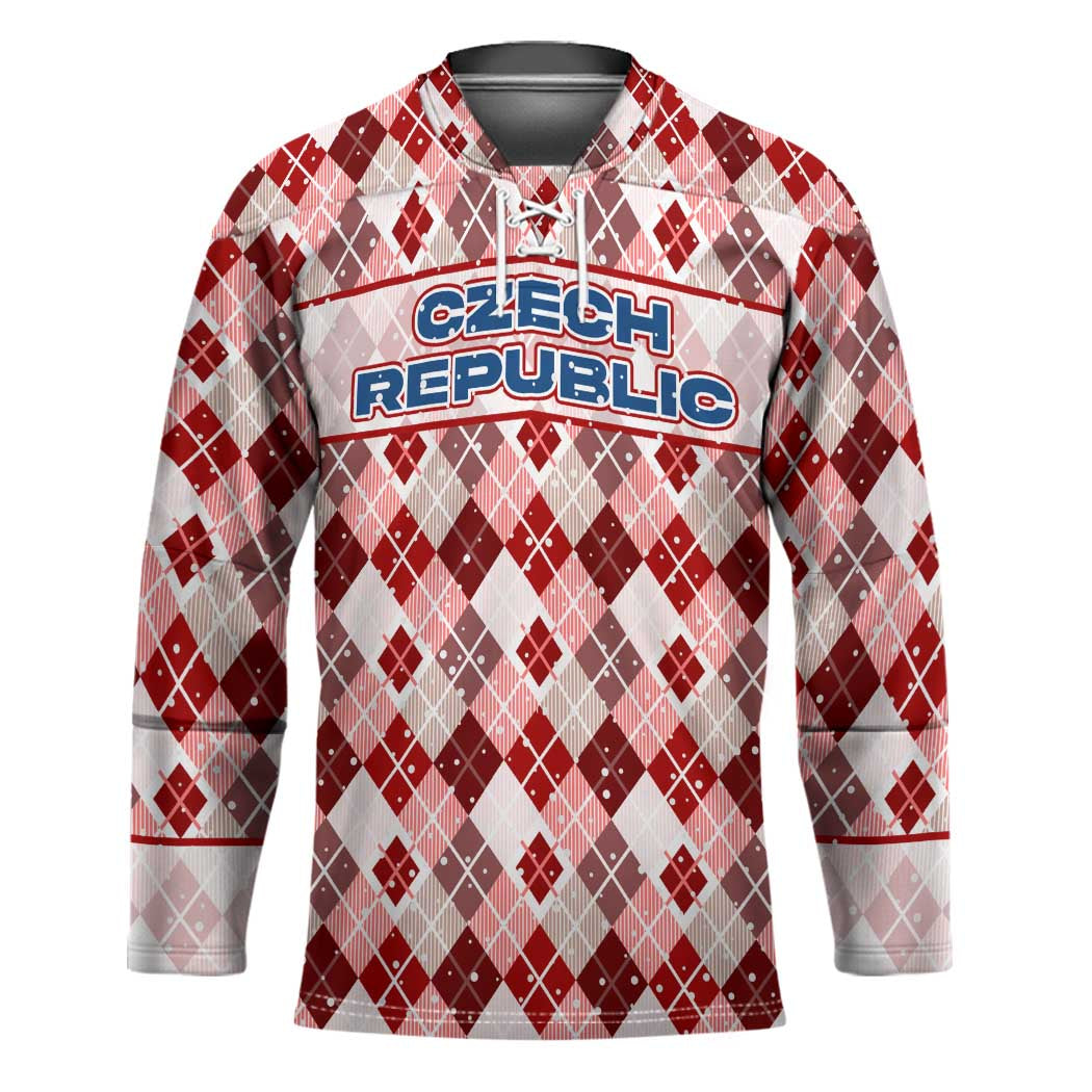 Czech Republic Christmas Hockey Jersey with Red-White Checkered Design, Double-Tailed Lion, and Festive Motif - Wonder Print Shop