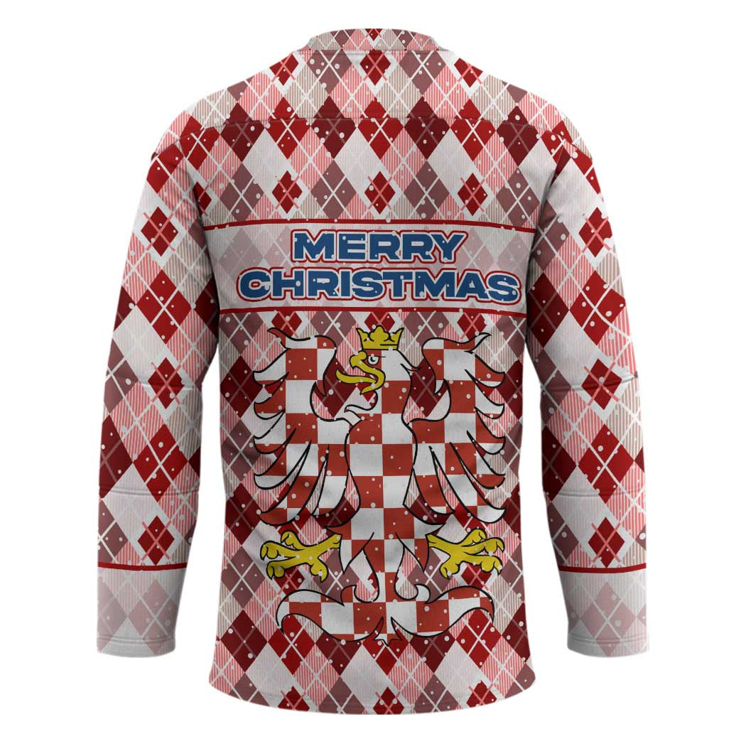 Czech Republic Christmas Hockey Jersey with Red-White Checkered Design, Double-Tailed Lion, and Festive Motif - Wonder Print Shop