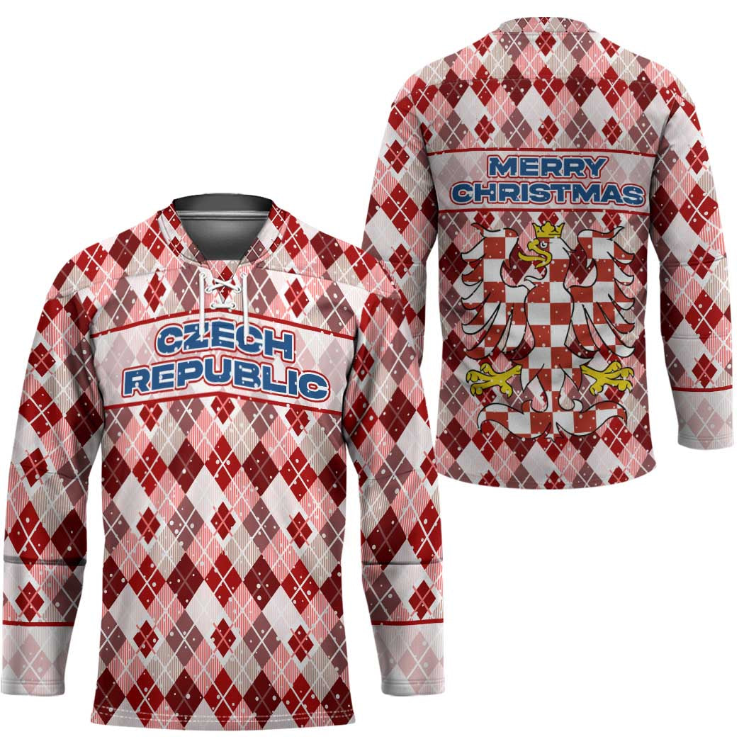 Czech Republic Christmas Hockey Jersey with Red-White Checkered Design, Double-Tailed Lion, and Festive Motif - Wonder Print Shop