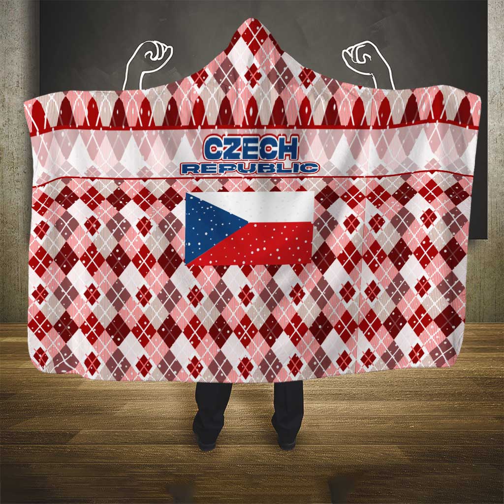Czech Republic Christmas Hooded Blanket with Red-White Checkered Design, Double-Tailed Lion, and Festive Motif - Wonder Print Shop