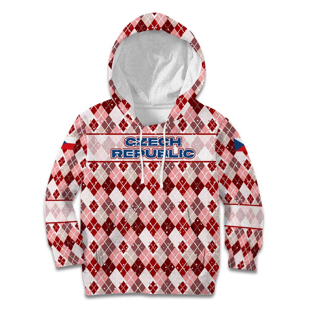 Czech Republic Christmas Kid Hoodie with Red-White Checkered Design, Double-Tailed Lion, and Festive Motif - Wonder Print Shop