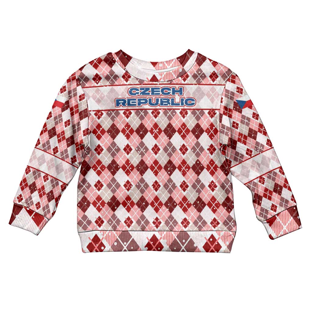 Czech Republic Christmas Kid Ugly Christmas Sweater with Red-White Checkered Design, Double-Tailed Lion, and Festive Motif - Wonder Print Shop
