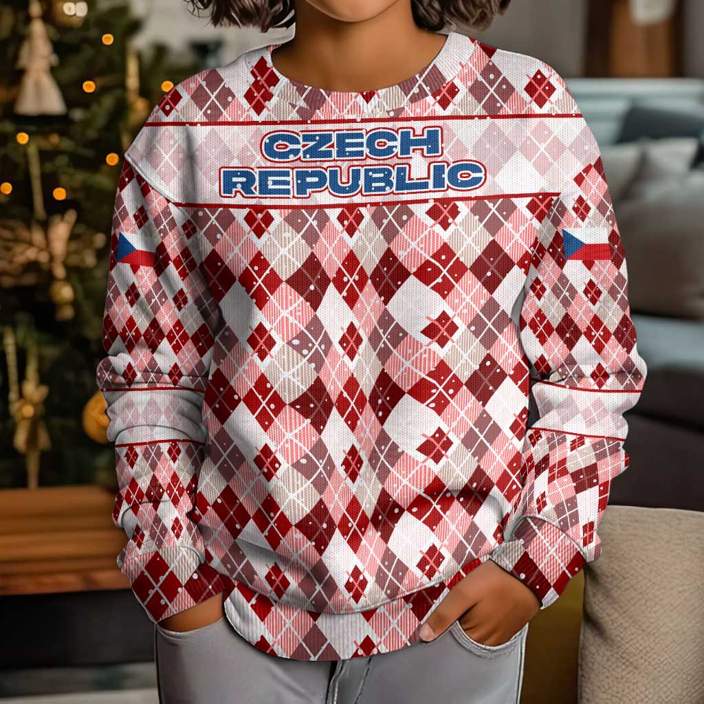 Czech Republic Christmas Kid Ugly Christmas Sweater with Red-White Checkered Design, Double-Tailed Lion, and Festive Motif - Wonder Print Shop