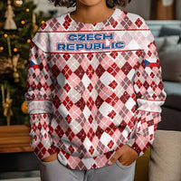 Czech Republic Christmas Kid Ugly Christmas Sweater with Red-White Checkered Design, Double-Tailed Lion, and Festive Motif - Wonder Print Shop