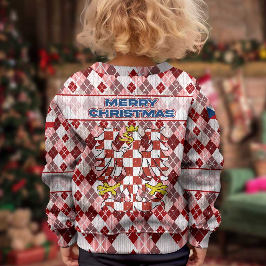Czech Republic Christmas Kid Ugly Christmas Sweater with Red-White Checkered Design, Double-Tailed Lion, and Festive Motif - Wonder Print Shop