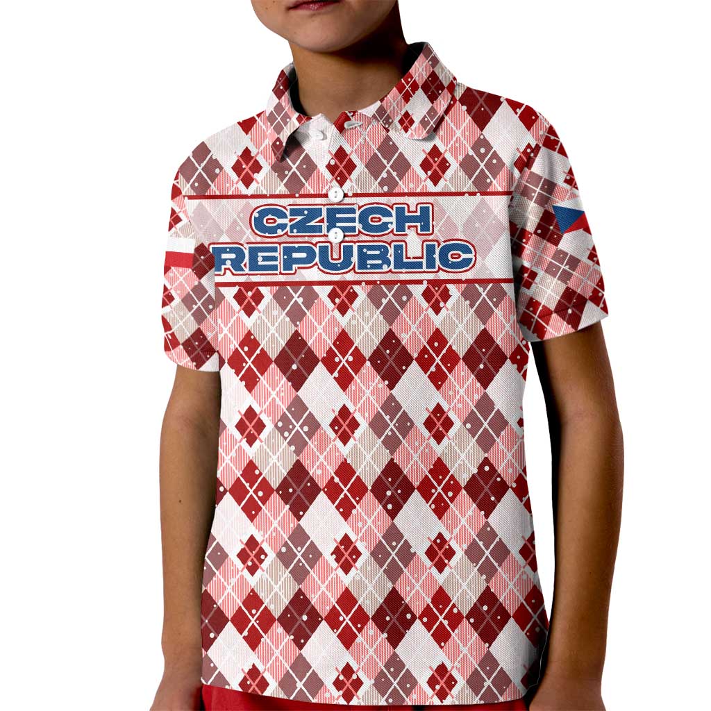 Czech Republic Christmas Kid Polo Shirt with Red-White Checkered Design, Double-Tailed Lion, and Festive Motif - Wonder Print Shop