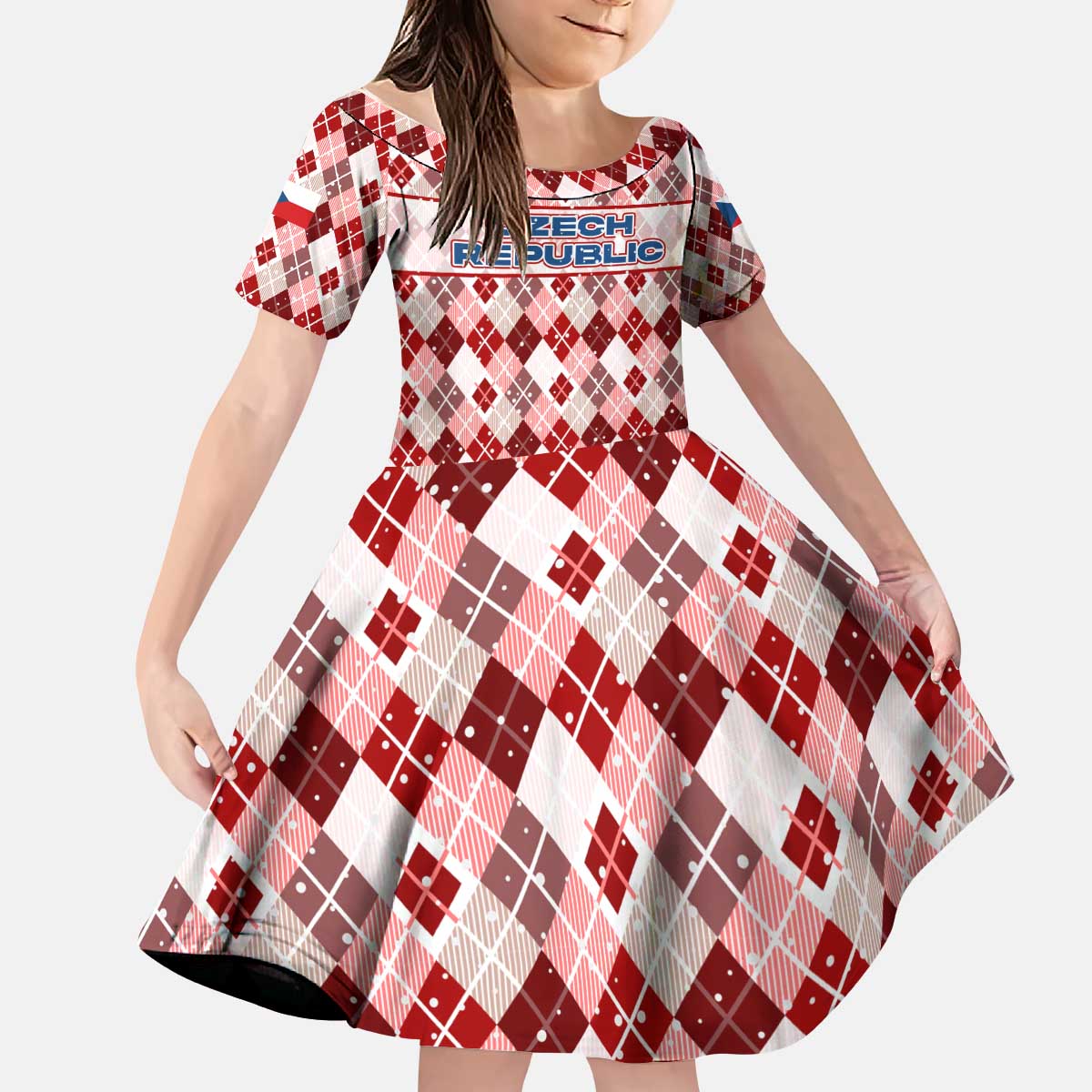 Czech Republic Christmas Kid Short Sleeve Dress with Red-White Checkered Design, Double-Tailed Lion, and Festive Motif - Wonder Print Shop