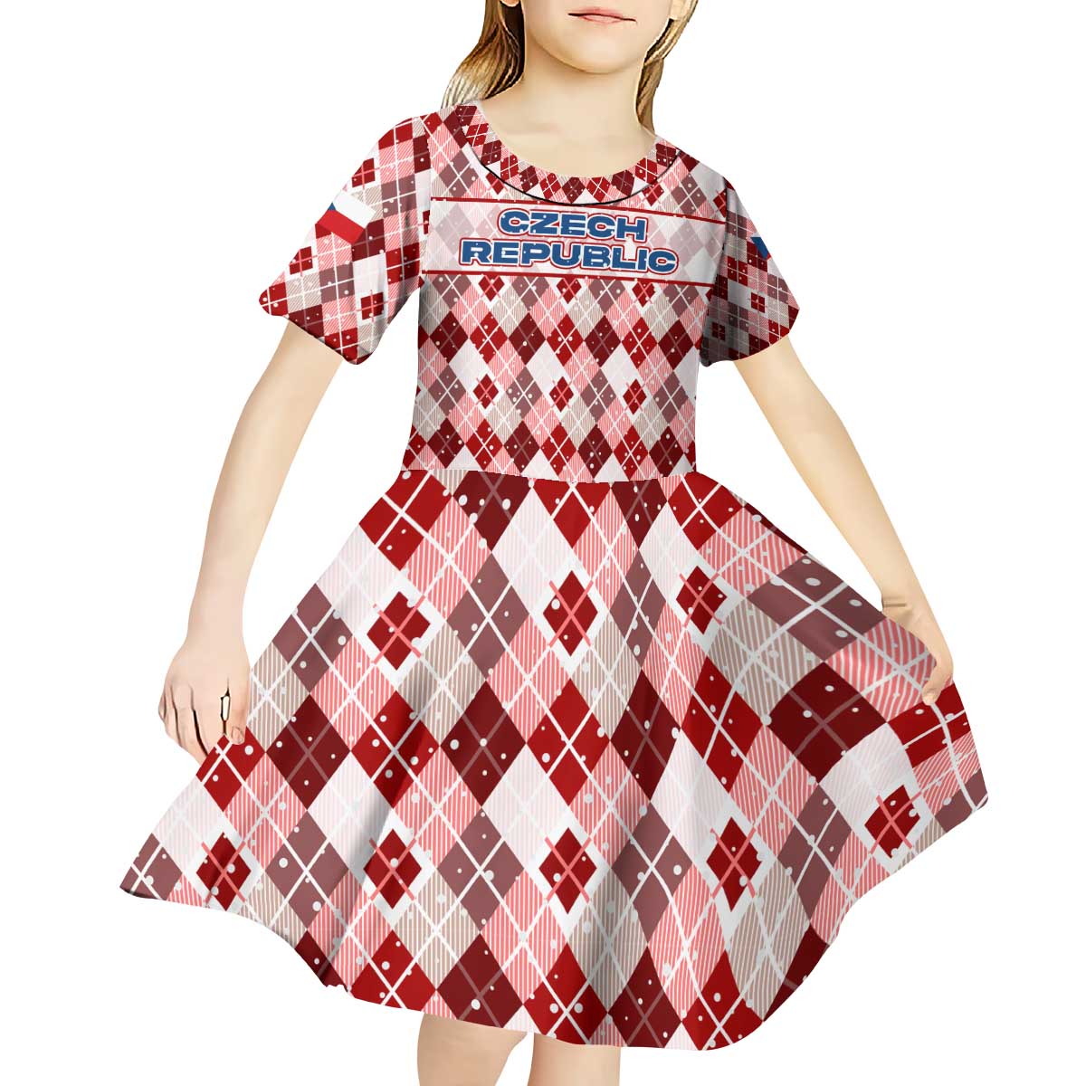 Czech Republic Christmas Kid Short Sleeve Dress with Red-White Checkered Design, Double-Tailed Lion, and Festive Motif - Wonder Print Shop