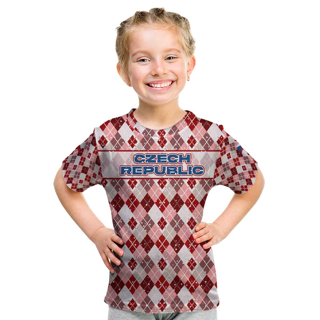 Czech Republic Christmas Kid T Shirt with Red-White Checkered Design, Double-Tailed Lion, and Festive Motif - Wonder Print Shop
