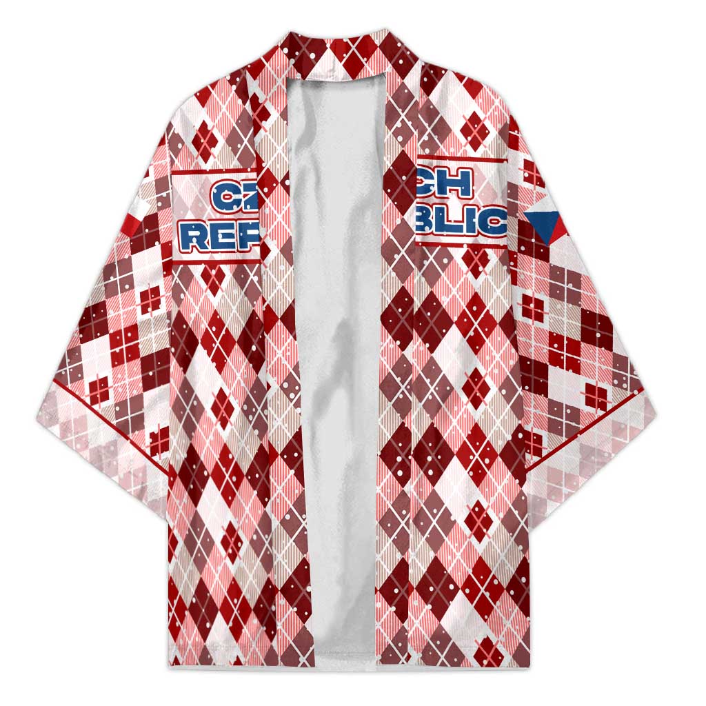 Czech Republic Christmas Kimono with Red-White Checkered Design, Double-Tailed Lion, and Festive Motif - Wonder Print Shop