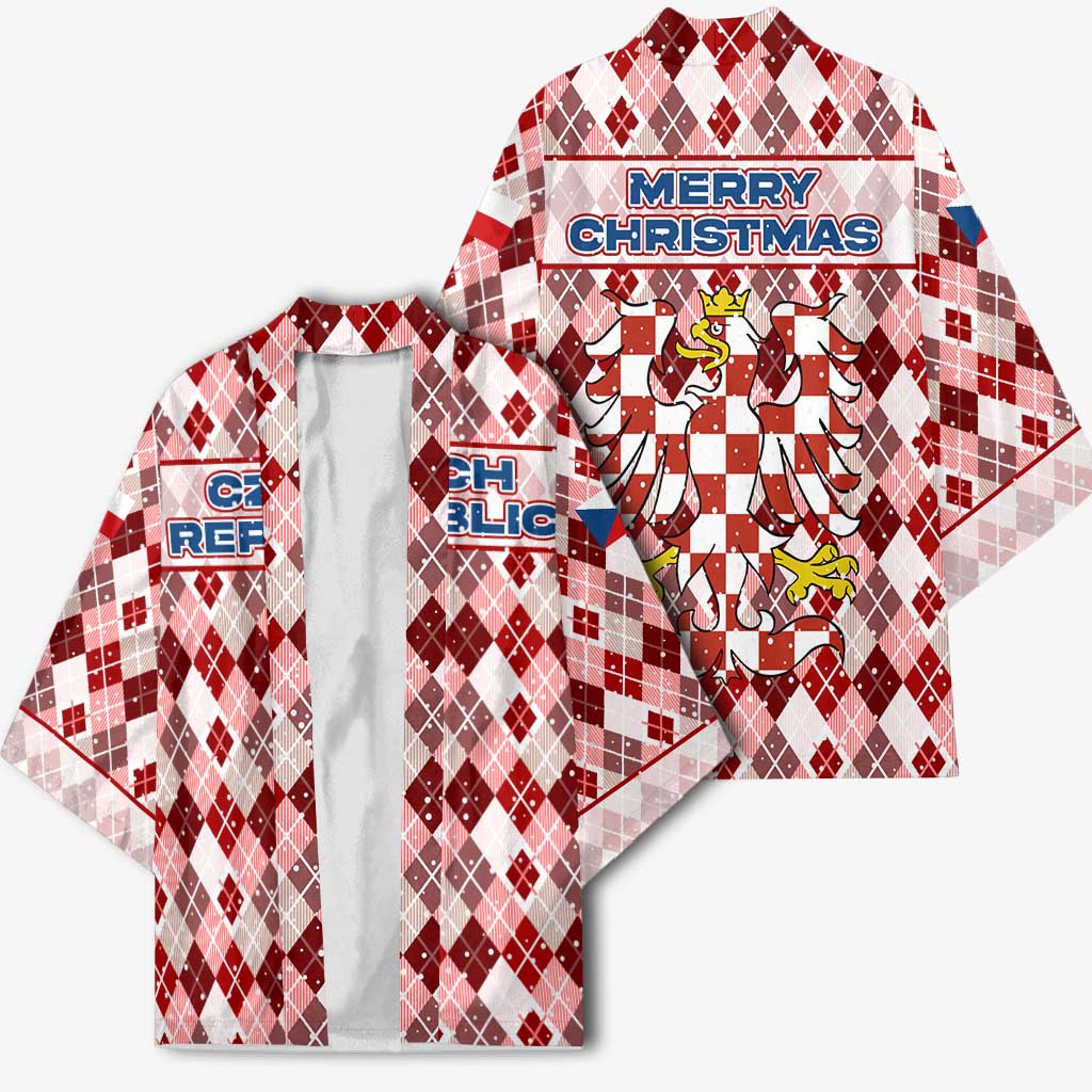 Czech Republic Christmas Kimono with Red-White Checkered Design, Double-Tailed Lion, and Festive Motif - Wonder Print Shop