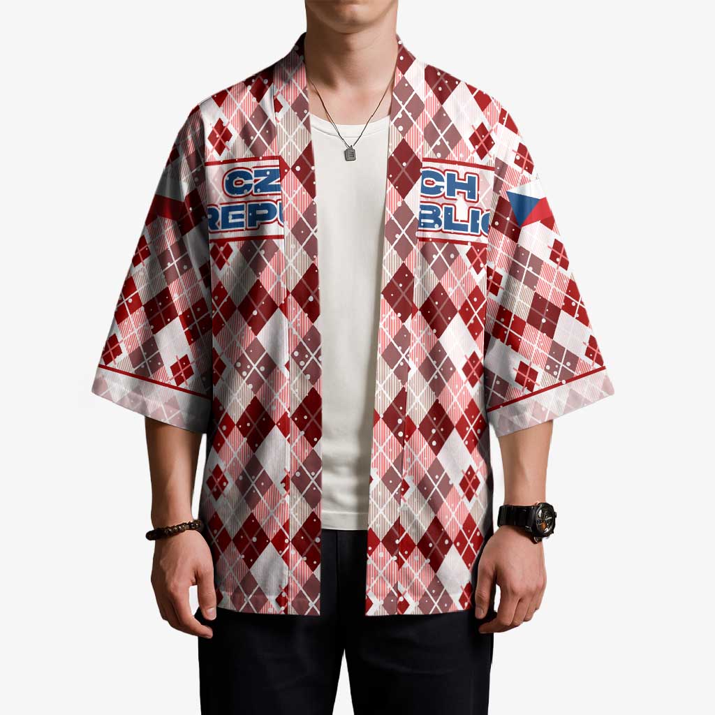 Czech Republic Christmas Kimono with Red-White Checkered Design, Double-Tailed Lion, and Festive Motif - Wonder Print Shop