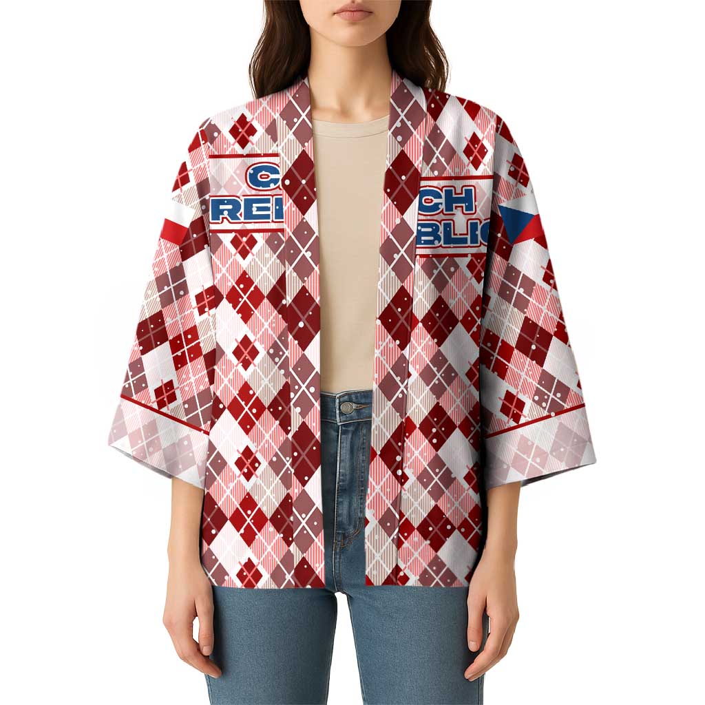 Czech Republic Christmas Kimono with Red-White Checkered Design, Double-Tailed Lion, and Festive Motif - Wonder Print Shop