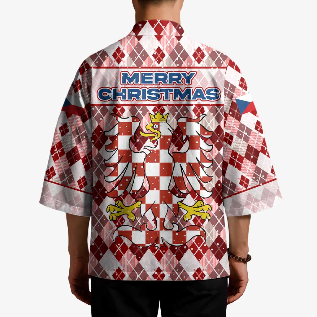 Czech Republic Christmas Kimono with Red-White Checkered Design, Double-Tailed Lion, and Festive Motif - Wonder Print Shop