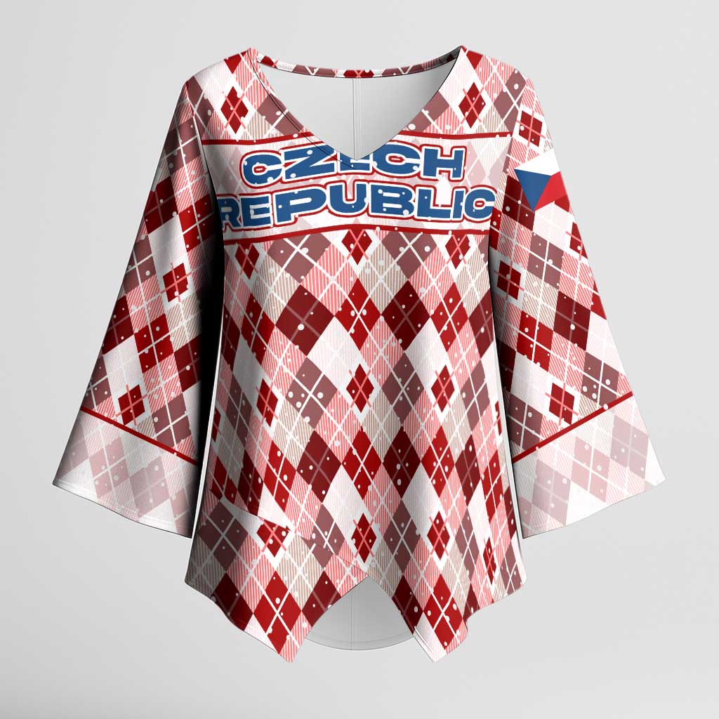 Czech Republic Christmas Kimono Sleeve Blouse with Red-White Checkered Design, Double-Tailed Lion, and Festive Motif - Wonder Print Shop