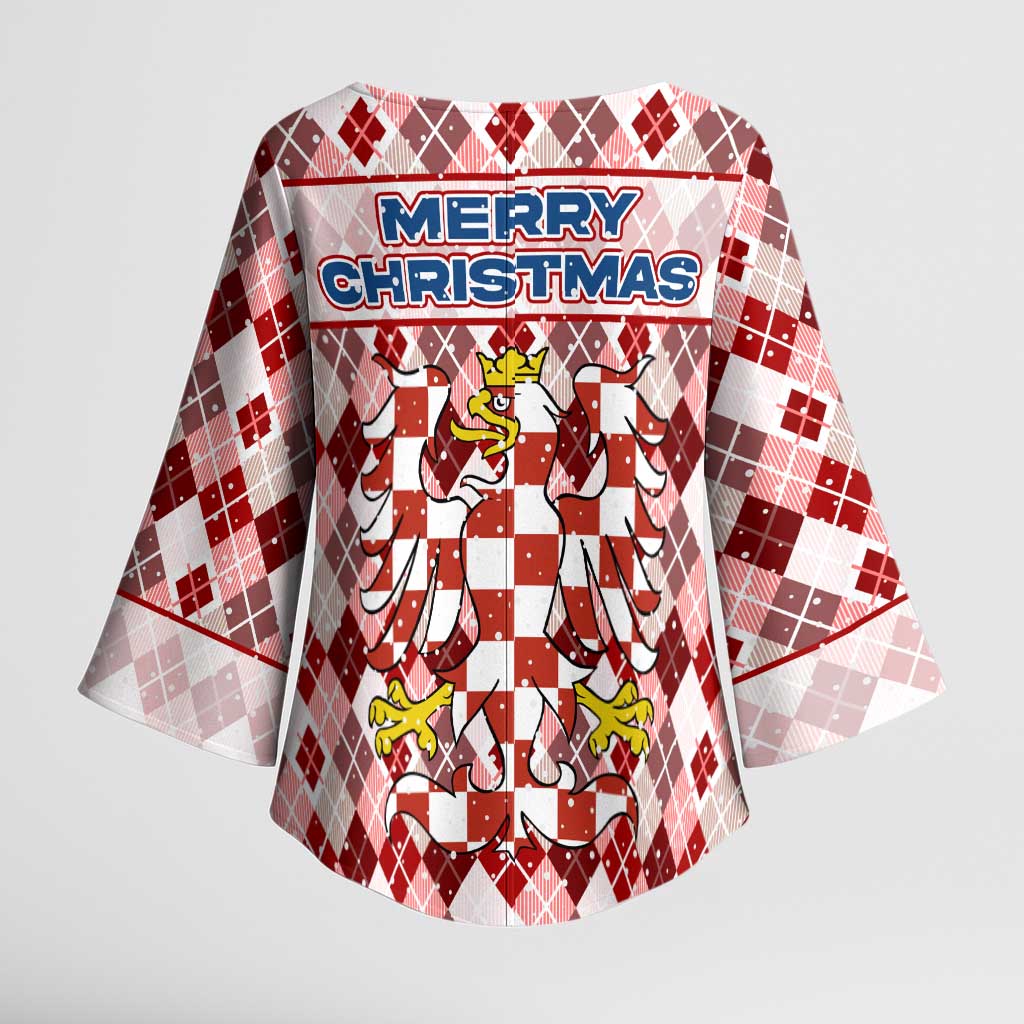 Czech Republic Christmas Kimono Sleeve Blouse with Red-White Checkered Design, Double-Tailed Lion, and Festive Motif - Wonder Print Shop