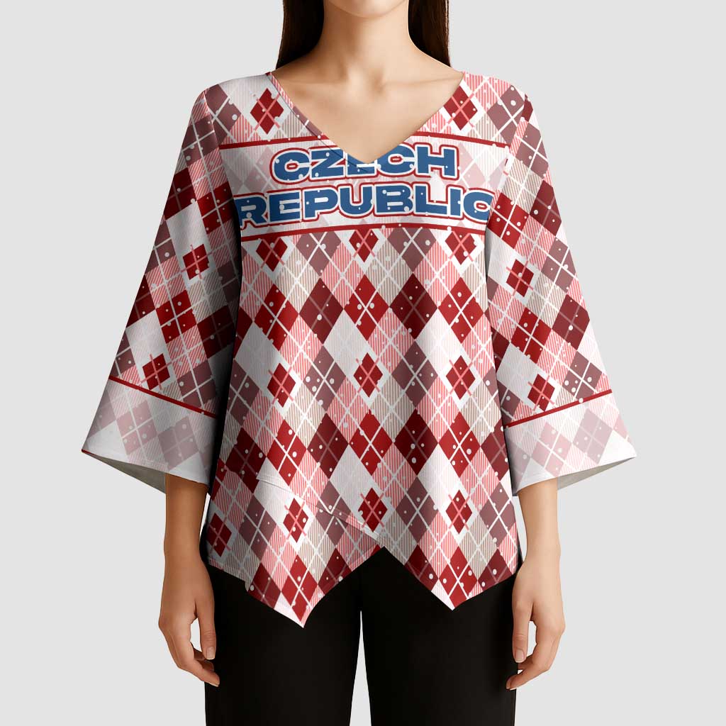 Czech Republic Christmas Kimono Sleeve Blouse with Red-White Checkered Design, Double-Tailed Lion, and Festive Motif - Wonder Print Shop