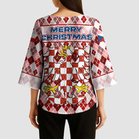 Czech Republic Christmas Kimono Sleeve Blouse with Red-White Checkered Design, Double-Tailed Lion, and Festive Motif - Wonder Print Shop