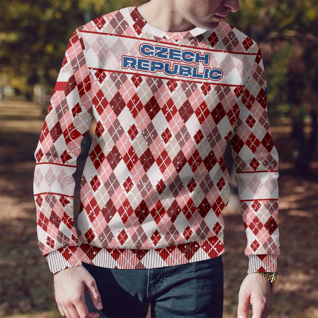 Czech Republic Christmas Ugly Christmas Sweater with Red-White Checkered Design, Double-Tailed Lion, and Festive Motif - Wonder Print Shop