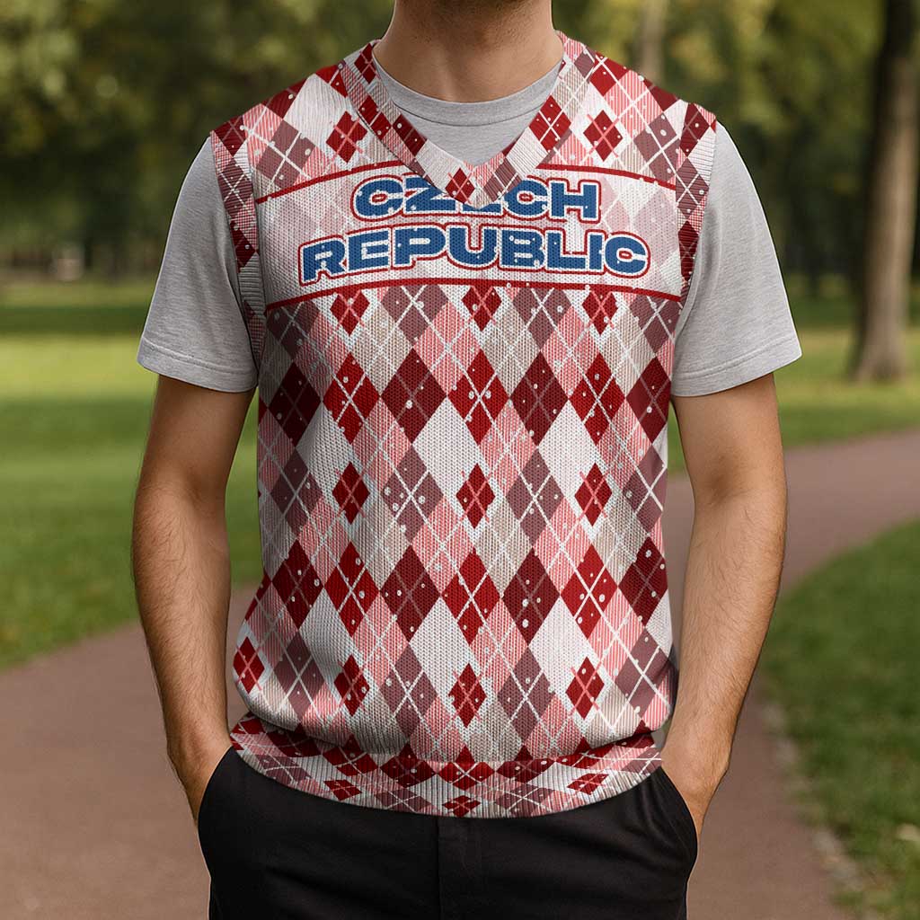 Czech Republic Christmas Knitted V-Neck Vest with Red-White Checkered Design, Double-Tailed Lion, and Festive Motif - Wonder Print Shop