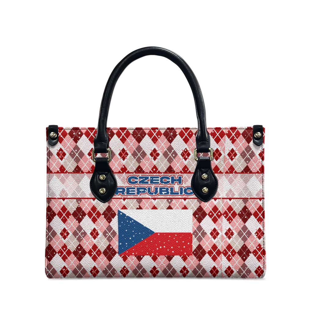 Czech Republic Christmas Leather Bag with Red-White Checkered Design, Double-Tailed Lion, and Festive Motif - Wonder Print Shop
