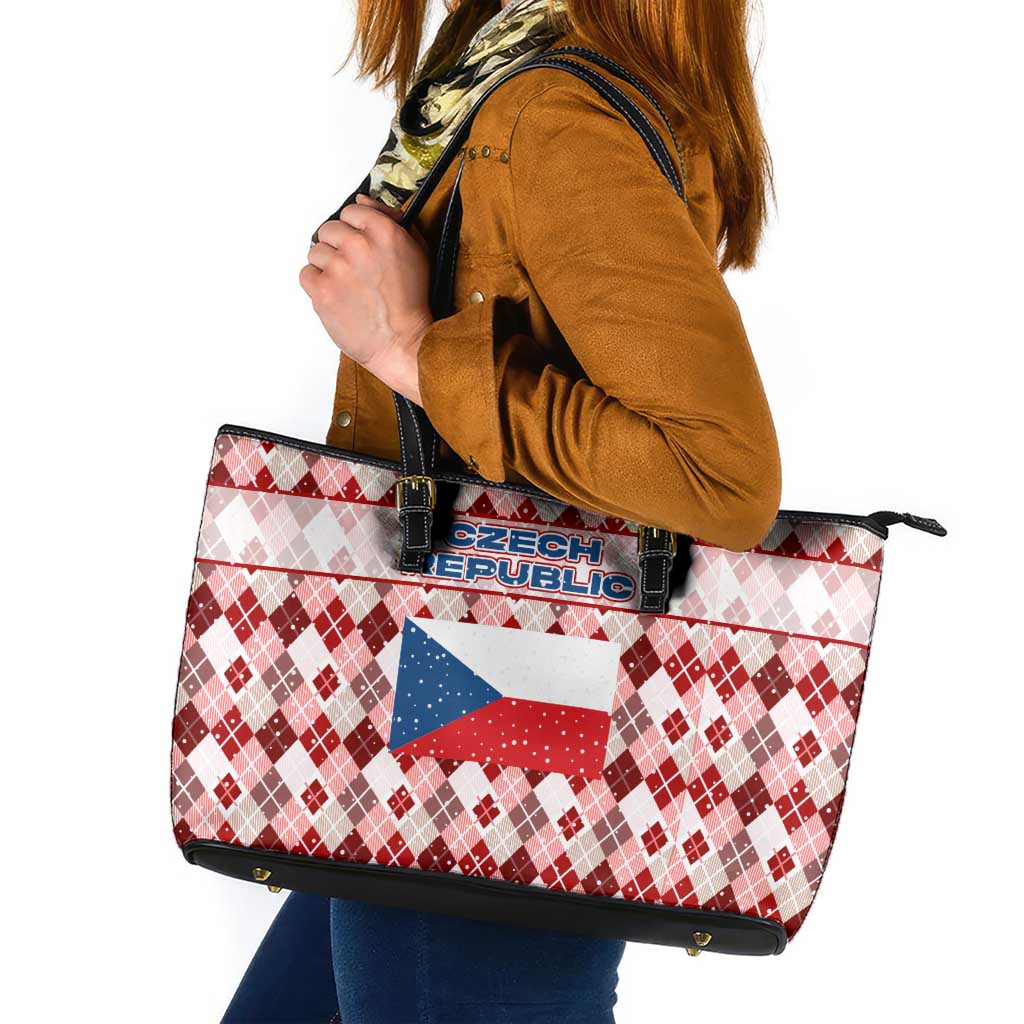 Czech Republic Christmas Leather Tote Bag with Red-White Checkered Design, Double-Tailed Lion, and Festive Motif - Wonder Print Shop