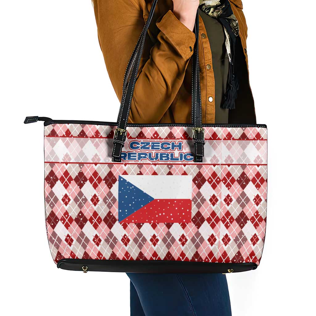 Czech Republic Christmas Leather Tote Bag with Red-White Checkered Design, Double-Tailed Lion, and Festive Motif - Wonder Print Shop