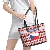 Czech Republic Christmas Leather Tote Bag with Red-White Checkered Design, Double-Tailed Lion, and Festive Motif - Wonder Print Shop