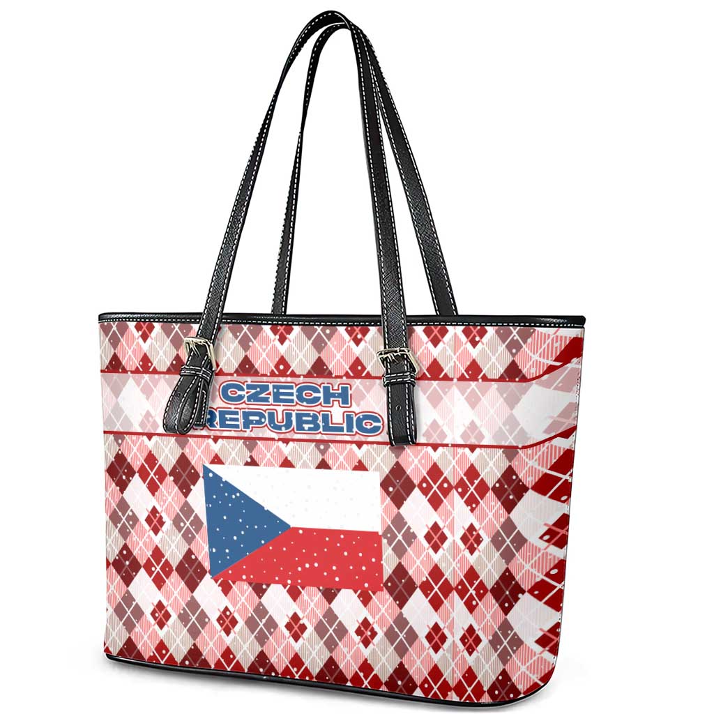 Czech Republic Christmas Leather Tote Bag with Red-White Checkered Design, Double-Tailed Lion, and Festive Motif - Wonder Print Shop