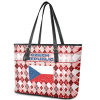 Czech Republic Christmas Leather Tote Bag with Red-White Checkered Design, Double-Tailed Lion, and Festive Motif - Wonder Print Shop