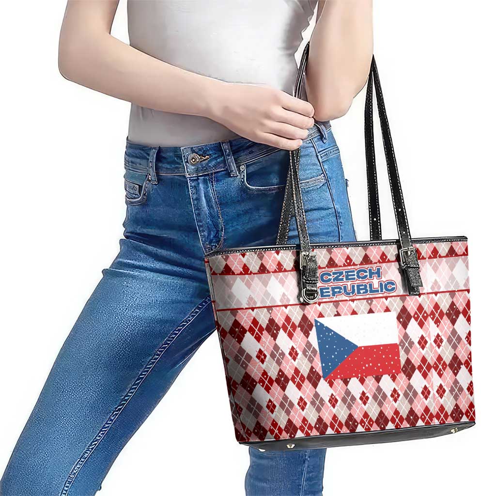 Czech Republic Christmas Leather Tote Bag with Red-White Checkered Design, Double-Tailed Lion, and Festive Motif - Wonder Print Shop
