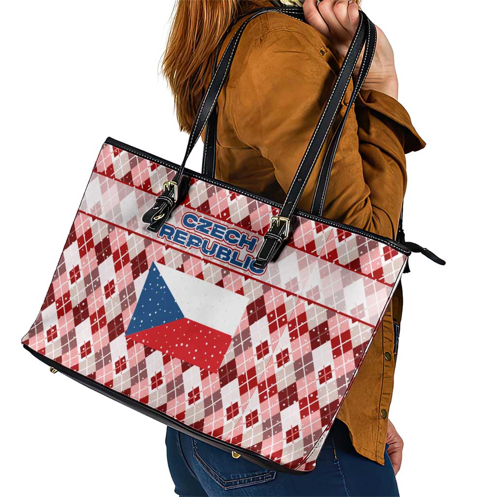 Czech Republic Christmas Leather Tote Bag with Red-White Checkered Design, Double-Tailed Lion, and Festive Motif - Wonder Print Shop