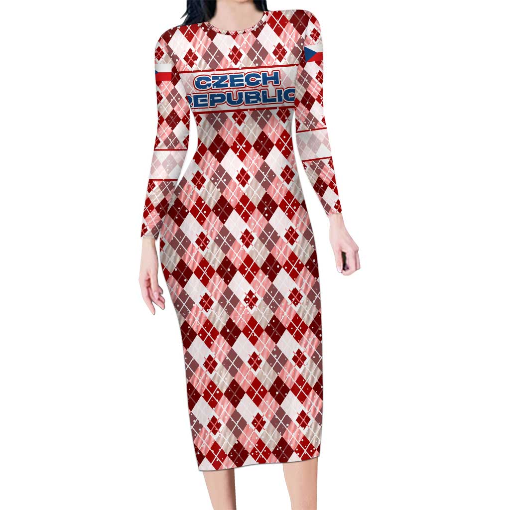 Czech Republic Christmas Long Sleeve Bodycon Dress with Red-White Checkered Design, Double-Tailed Lion, and Festive Motif - Wonder Print Shop