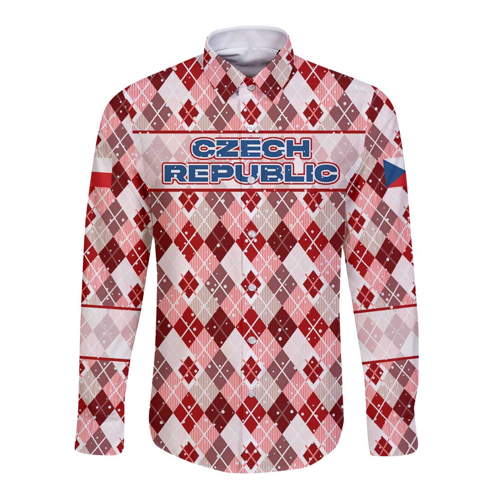 Czech Republic Christmas Long Sleeve Button Shirt with Red-White Checkered Design, Double-Tailed Lion, and Festive Motif - Wonder Print Shop