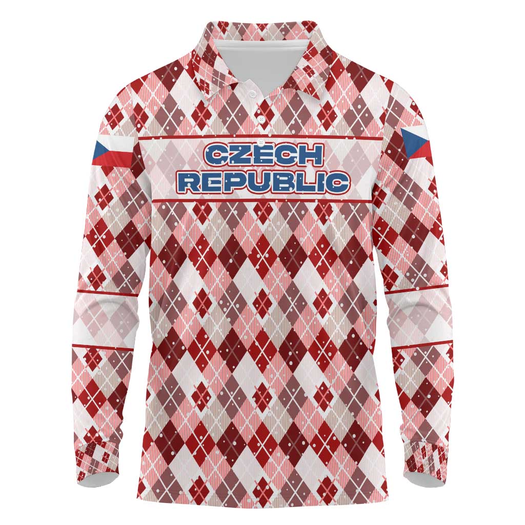 Czech Republic Christmas Long Sleeve Polo Shirt with Red-White Checkered Design, Double-Tailed Lion, and Festive Motif - Wonder Print Shop