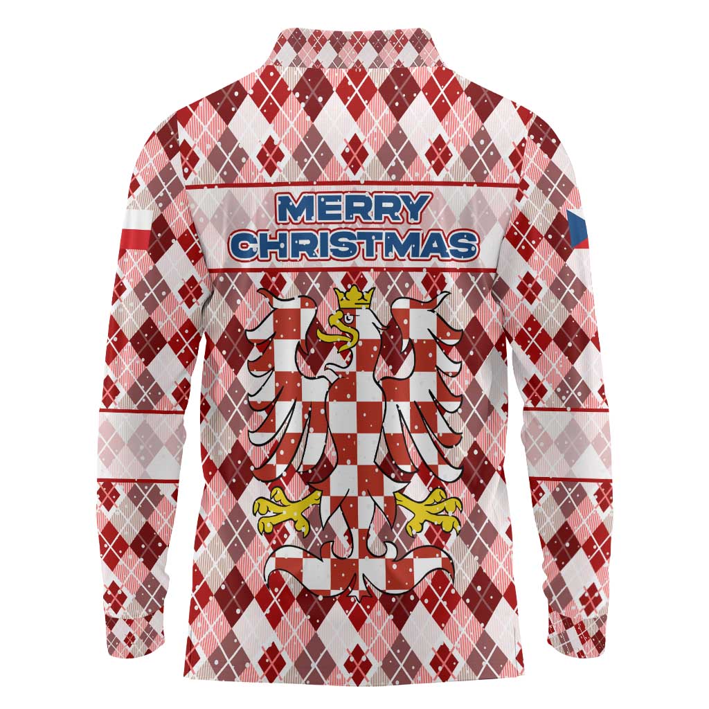 Czech Republic Christmas Long Sleeve Polo Shirt with Red-White Checkered Design, Double-Tailed Lion, and Festive Motif - Wonder Print Shop