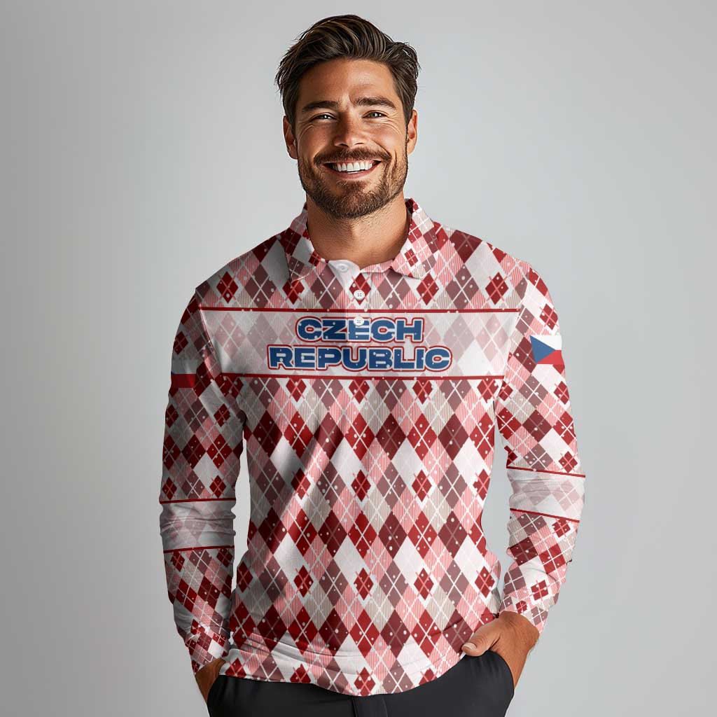 Czech Republic Christmas Long Sleeve Polo Shirt with Red-White Checkered Design, Double-Tailed Lion, and Festive Motif - Wonder Print Shop