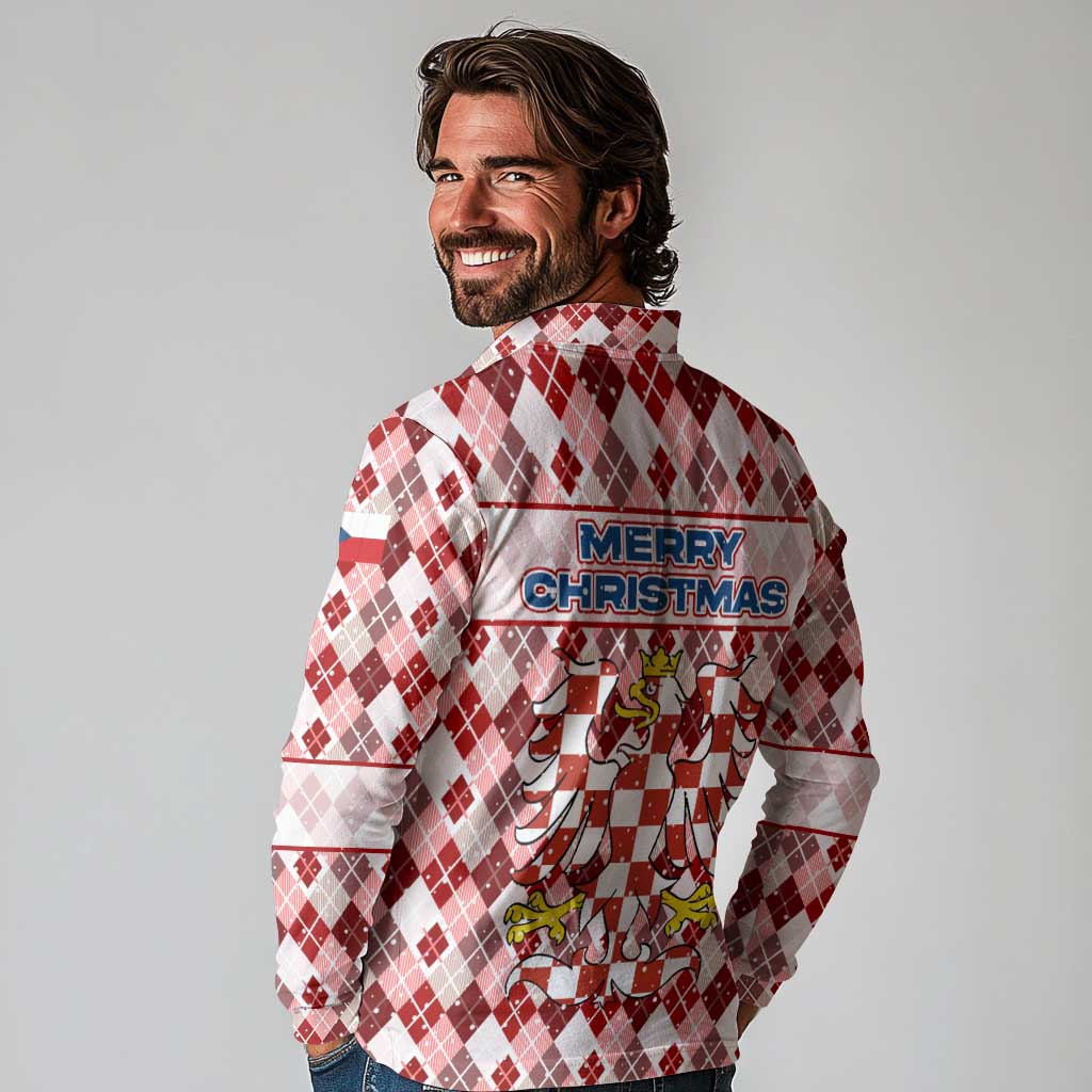 Czech Republic Christmas Long Sleeve Polo Shirt with Red-White Checkered Design, Double-Tailed Lion, and Festive Motif - Wonder Print Shop