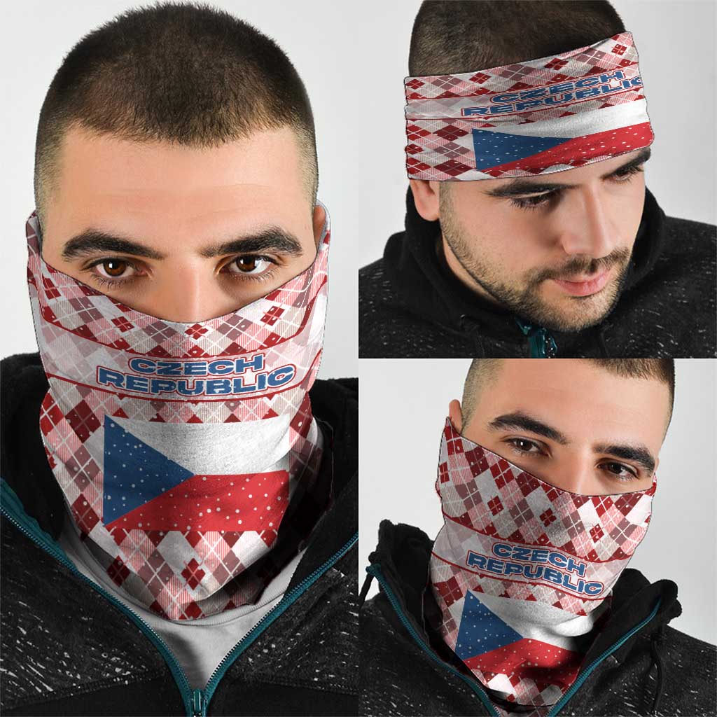 Czech Republic Christmas Neck Gaiter with Red-White Checkered Design, Double-Tailed Lion, and Festive Motif - Wonder Print Shop