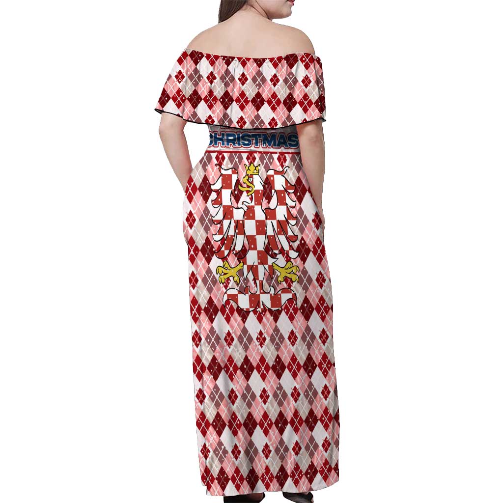 Czech Republic Christmas Off Shoulder Maxi Dress with Red-White Checkered Design, Double-Tailed Lion, and Festive Motif - Wonder Print Shop