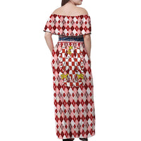 Czech Republic Christmas Off Shoulder Maxi Dress with Red-White Checkered Design, Double-Tailed Lion, and Festive Motif - Wonder Print Shop