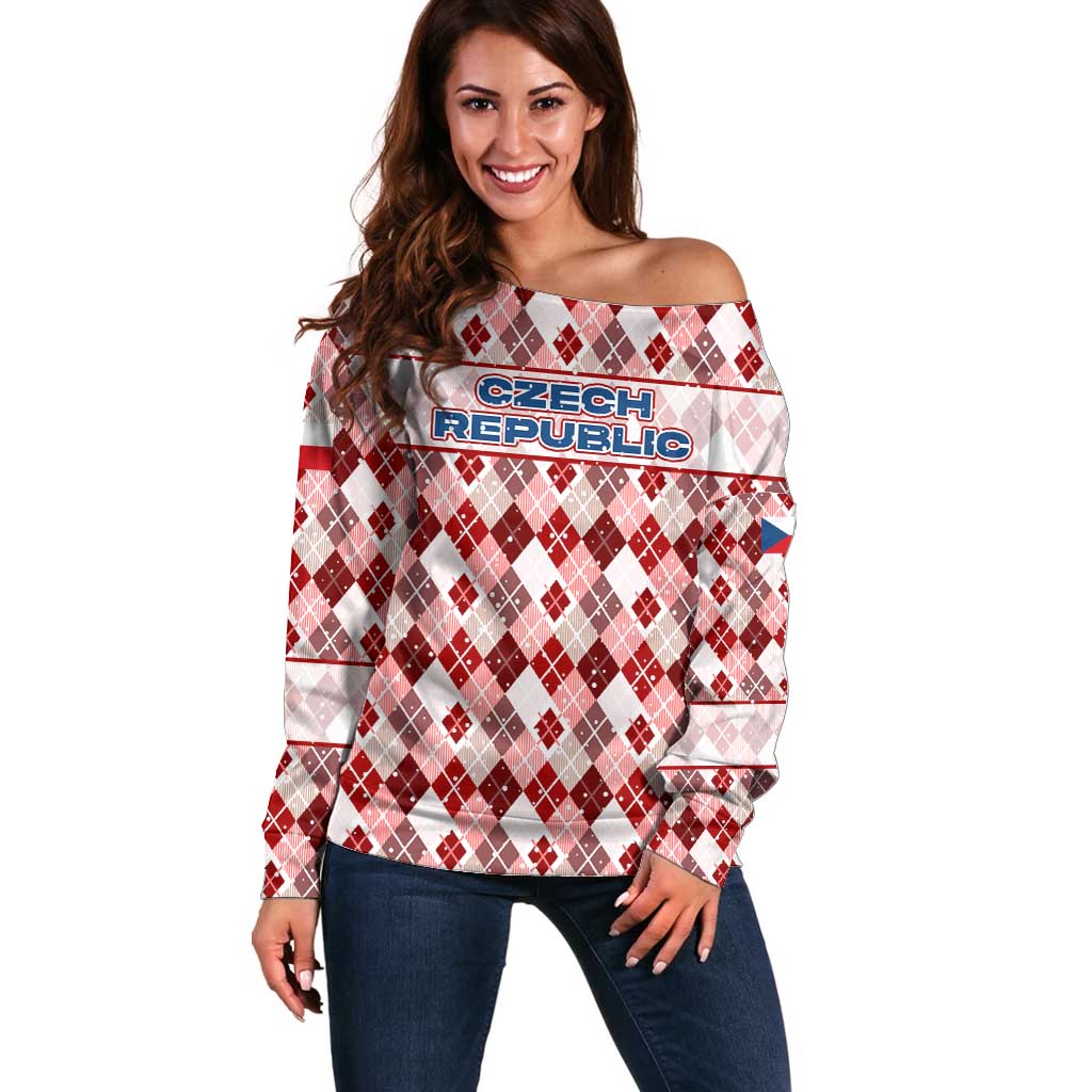 Czech Republic Christmas Off Shoulder Sweater with Red-White Checkered Design, Double-Tailed Lion, and Festive Motif - Wonder Print Shop