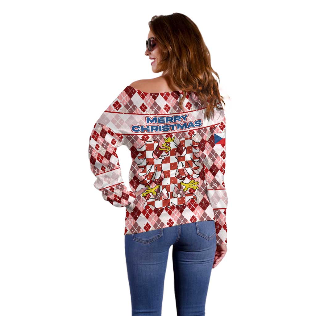 Czech Republic Christmas Off Shoulder Sweater with Red-White Checkered Design, Double-Tailed Lion, and Festive Motif - Wonder Print Shop