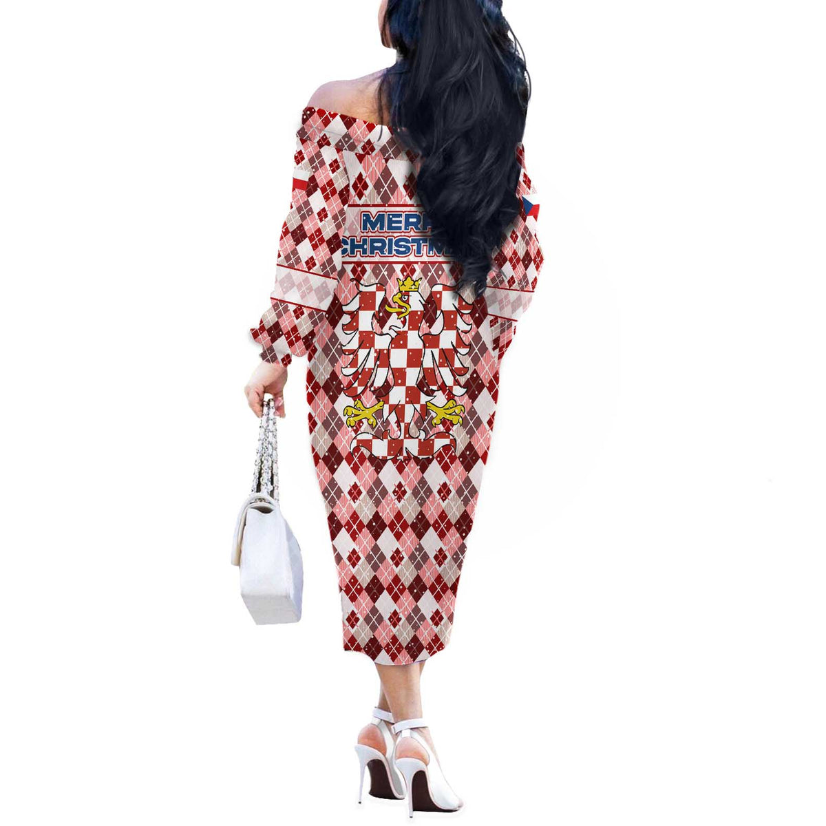 Czech Republic Christmas Off The Shoulder Long Sleeve Dress with Red-White Checkered Design, Double-Tailed Lion, and Festive Motif - Wonder Print Shop