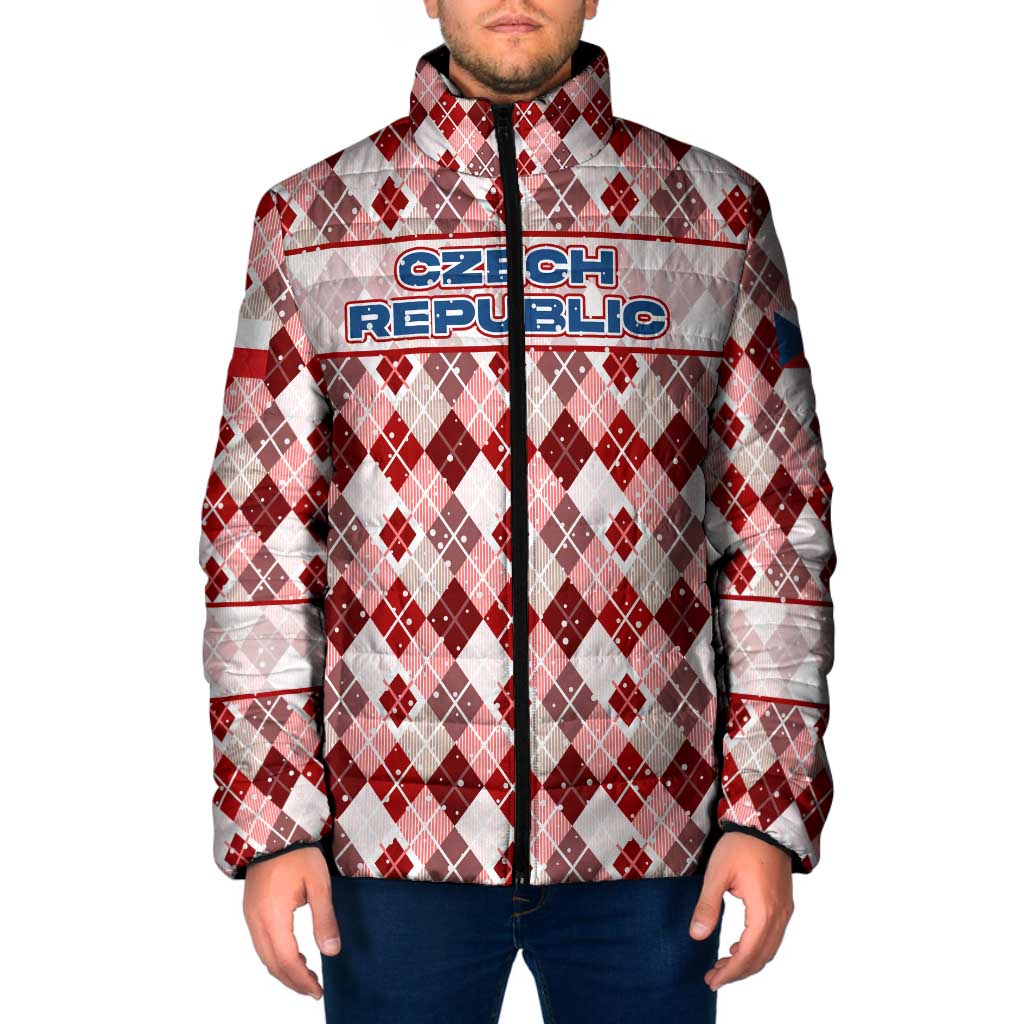 Czech Republic Christmas Padded Jacket with Red-White Checkered Design, Double-Tailed Lion, and Festive Motif - Wonder Print Shop
