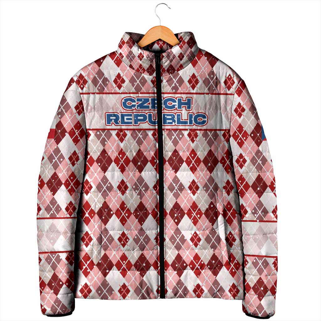Czech Republic Christmas Padded Jacket with Red-White Checkered Design, Double-Tailed Lion, and Festive Motif - Wonder Print Shop