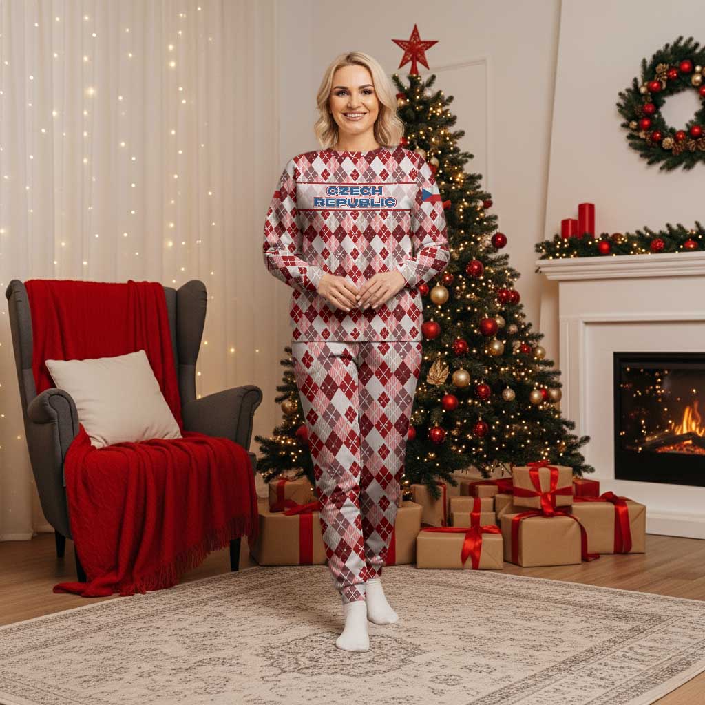 Czech Republic Christmas Pajama Set with Red-White Checkered Design, Double-Tailed Lion, and Festive Motif - Wonder Print Shop