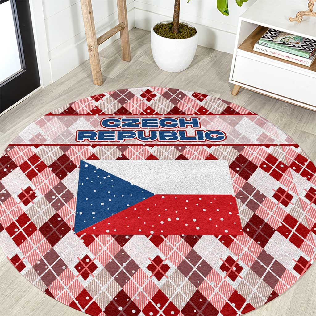 Czech Republic Christmas Round Carpet with Red-White Checkered Design, Double-Tailed Lion, and Festive Motif - Wonder Print Shop